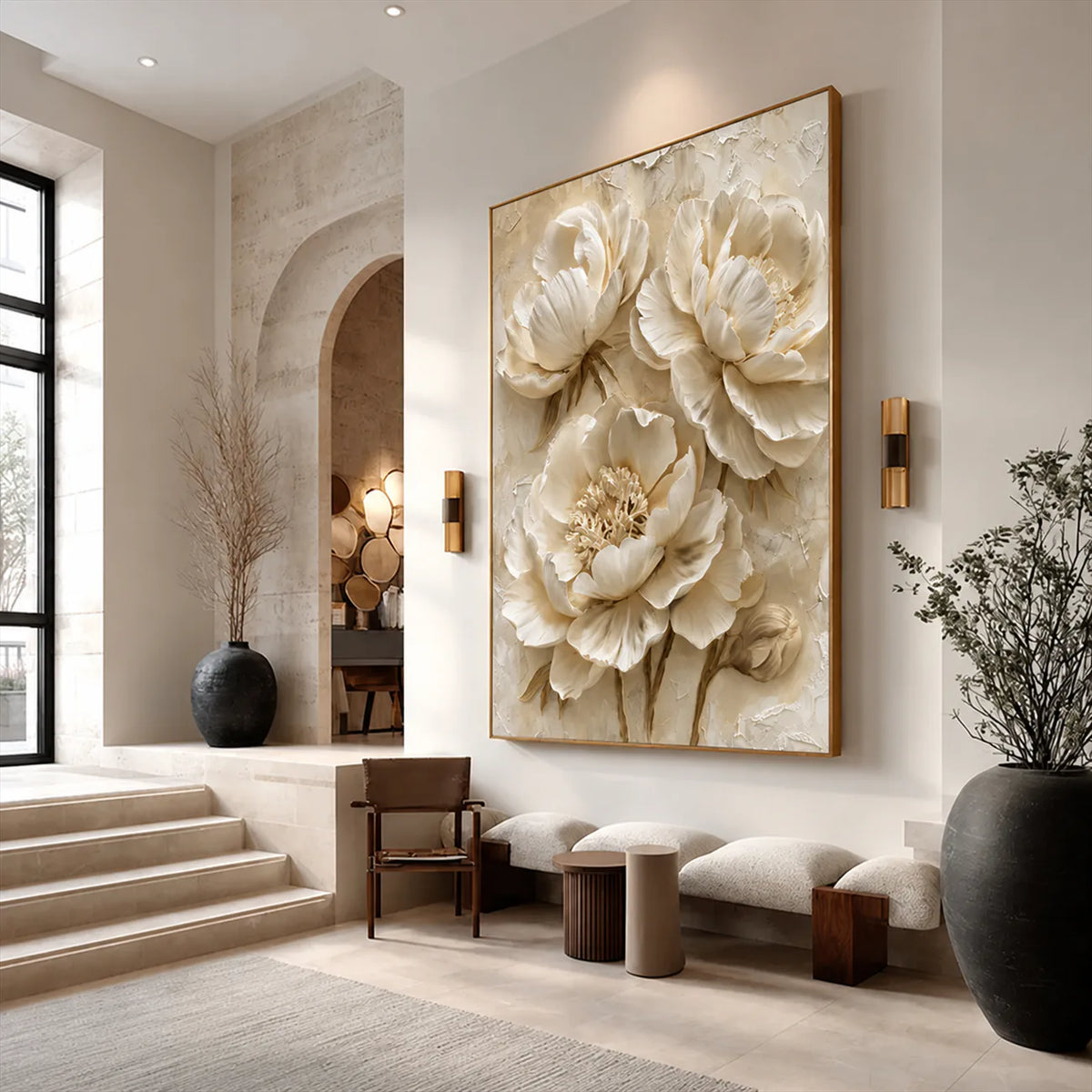 Ivory Peony Relief Wall Art styled interior scene 2 | Olyrel