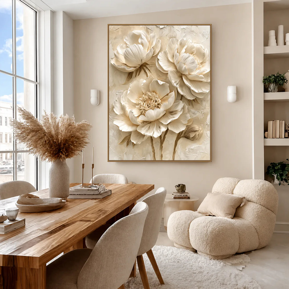 Ivory Peony Relief Wall Art styled interior scene 3 | Olyrel