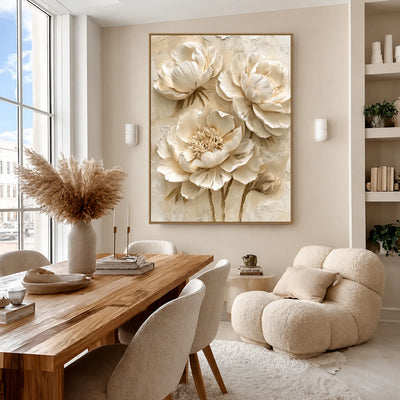 Ivory Peony Relief Wall Art styled interior scene 3 | Olyrel