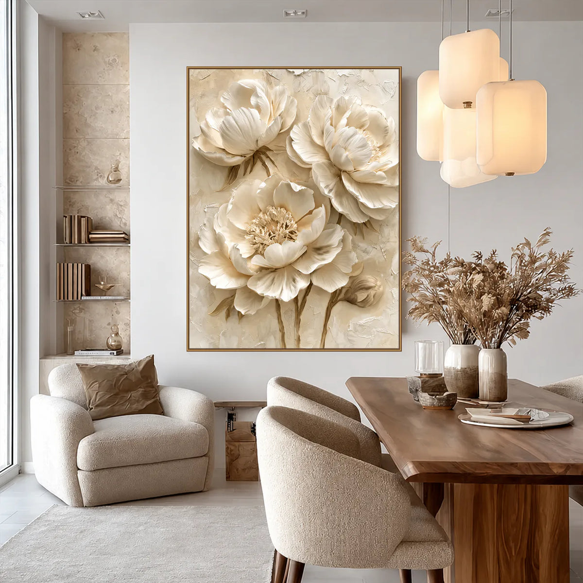 Ivory Peony Relief Wall Art styled interior scene 4 | Olyrel