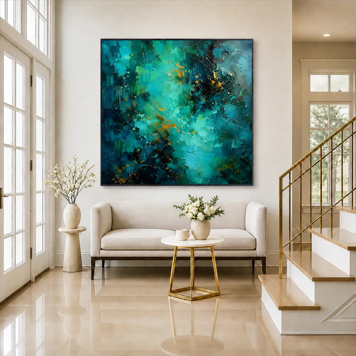 Emerald Current Abstract Wall Art styled interior scene 6 | Olyrel