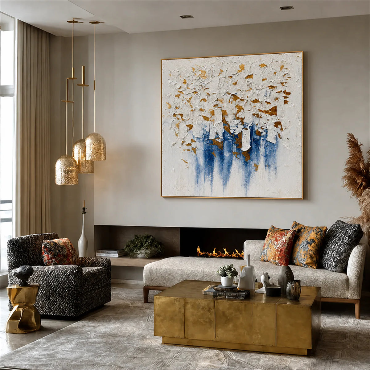 Gilded Blue Cascade Textured Wall Art styled interior scene 5 | Olyrel