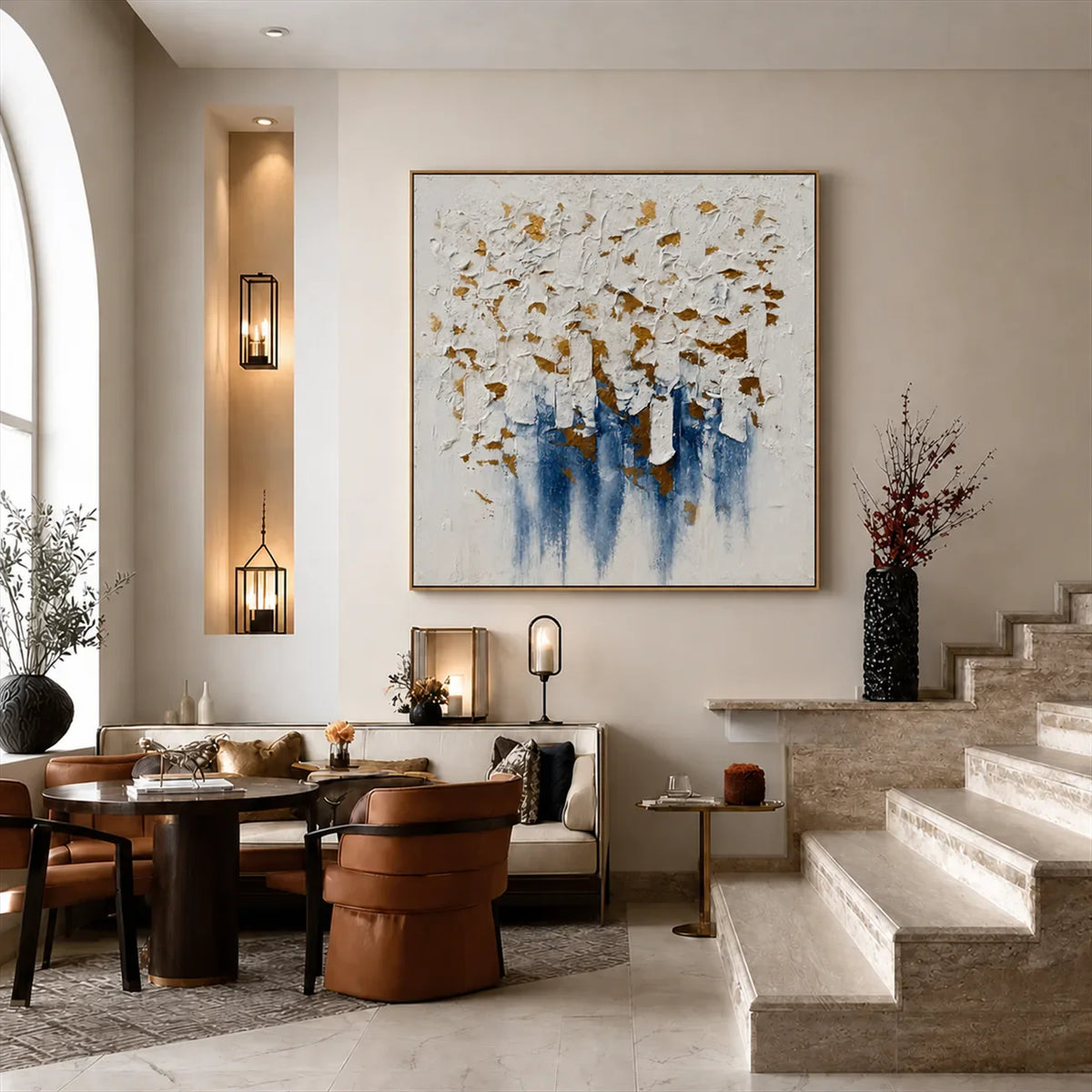 Gilded Blue Cascade Textured Wall Art styled interior scene 6 | Olyrel