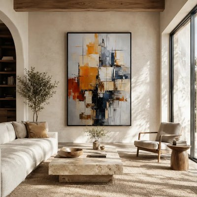 Amber Grid Abstract Wall Art styled in a modern living room | Olyrel