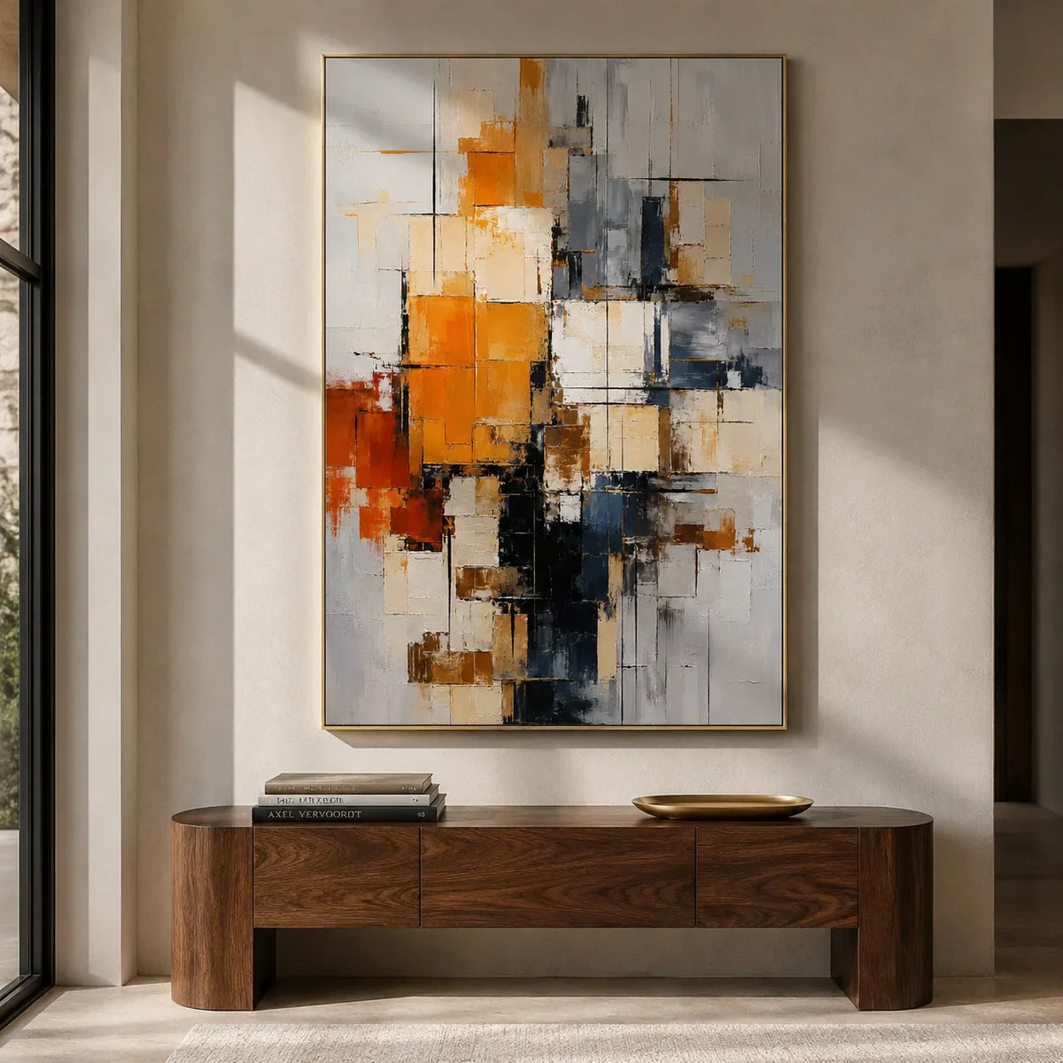 Amber Grid Abstract Wall Art shown in a calm bedroom setting | Olyrel