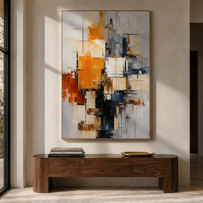 Amber Grid Abstract Wall Art shown in a calm bedroom setting | Olyrel