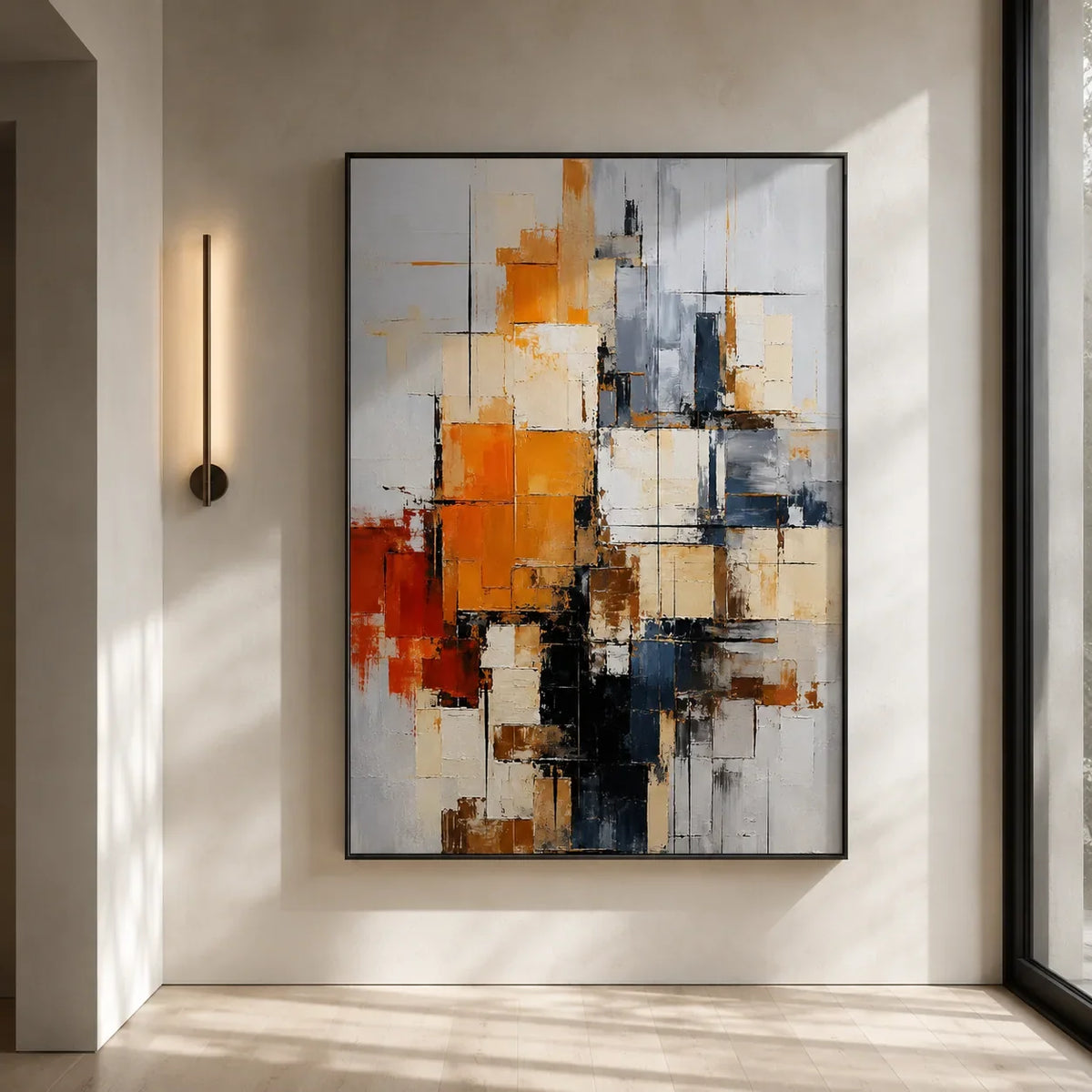 Amber Grid Abstract Wall Art displayed in a bright dining room | Olyrel