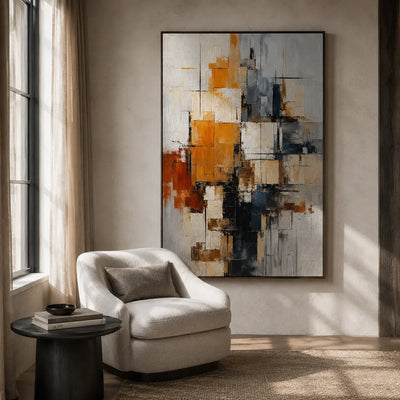 Amber Grid Abstract Wall Art shown in a quiet home office | Olyrel