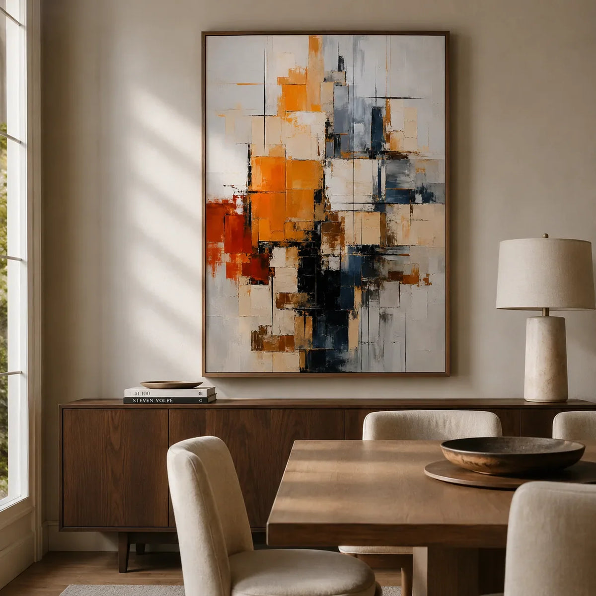 Amber Grid Abstract Wall Art styled with minimal interior decor | Olyrel