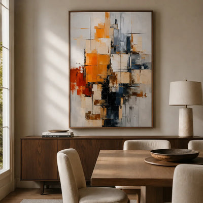 Amber Grid Abstract Wall Art styled with minimal interior decor | Olyrel