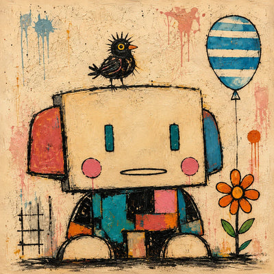 Patchwork Robot Folk Wall Art artwork view | Olyrel