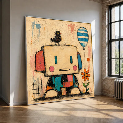 Patchwork Robot Folk Wall Art styled interior scene 2 | Olyrel