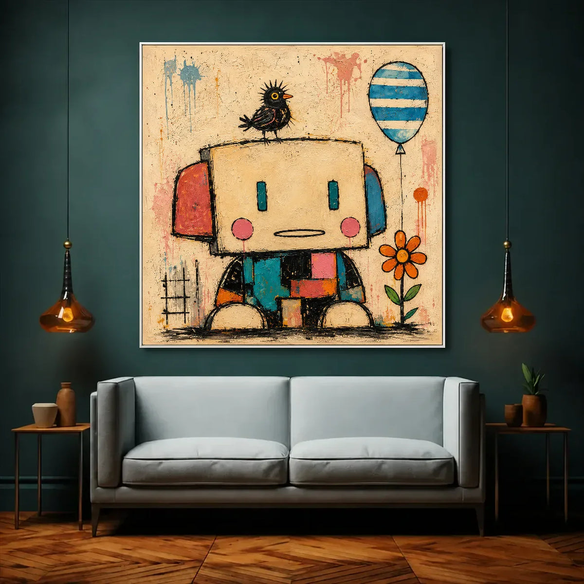Patchwork Robot Folk Wall Art styled interior scene 3 | Olyrel