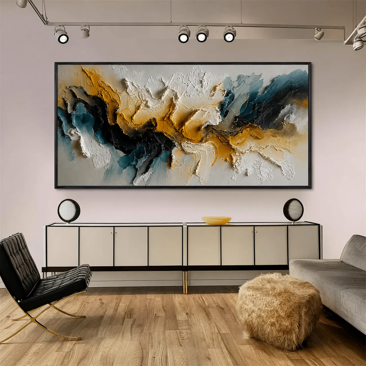 Teal Gold Rift Textured Wall Art styled interior scene 1 | Olyrel