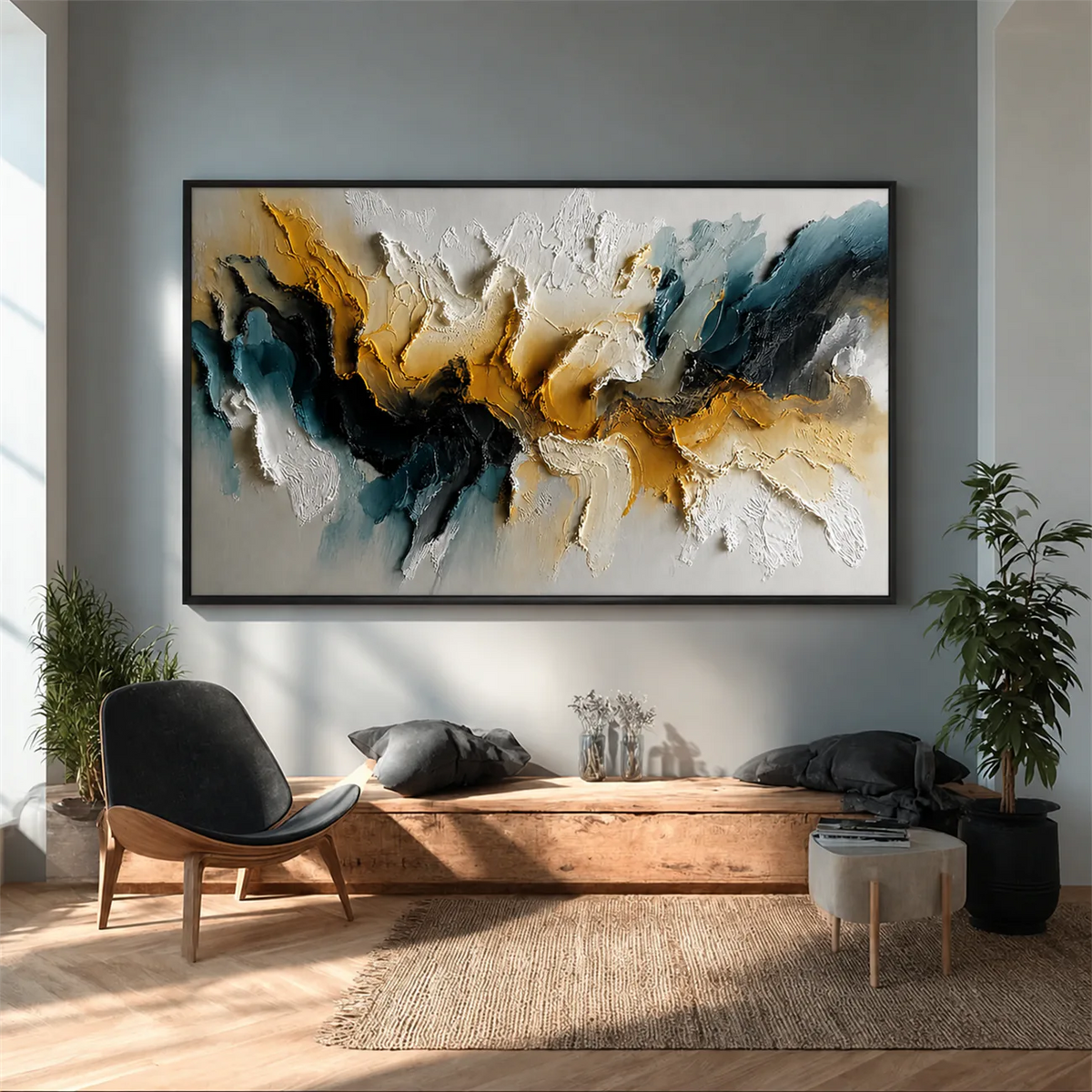 Teal Gold Rift Textured Wall Art styled interior scene 3 | Olyrel