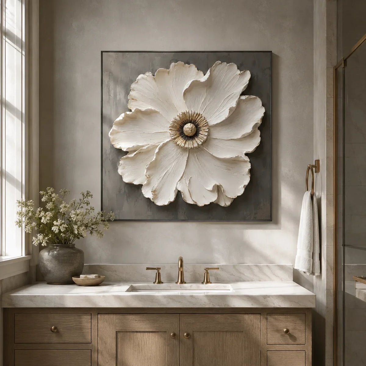 Ivory Bloom Floral Wall Art shown in a calm bedroom setting | Olyrel