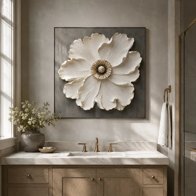 Ivory Bloom Floral Wall Art shown in a calm bedroom setting | Olyrel