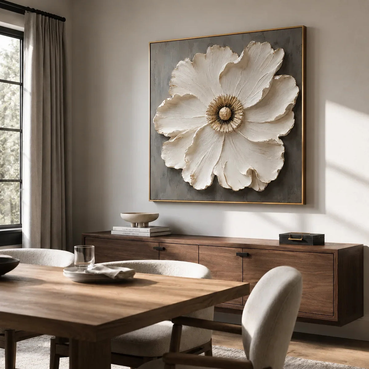 Ivory Bloom Floral Wall Art displayed in a bright dining room | Olyrel