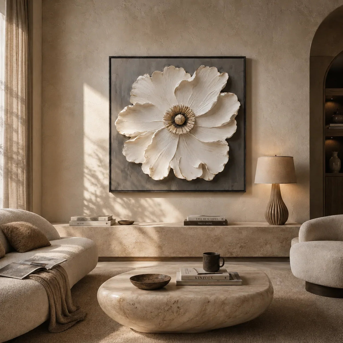 Ivory Bloom Floral Wall Art styled with minimal interior decor | Olyrel