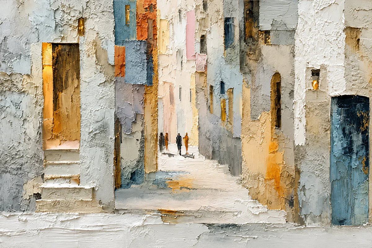 Sunlit Alley Textured Cityscape Wall Art artwork view | Olyrel