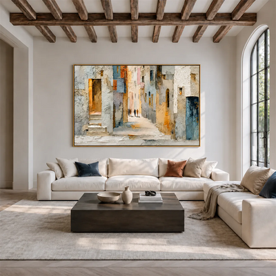 Sunlit Alley Textured Cityscape Wall Art styled interior scene 1 | Olyrel