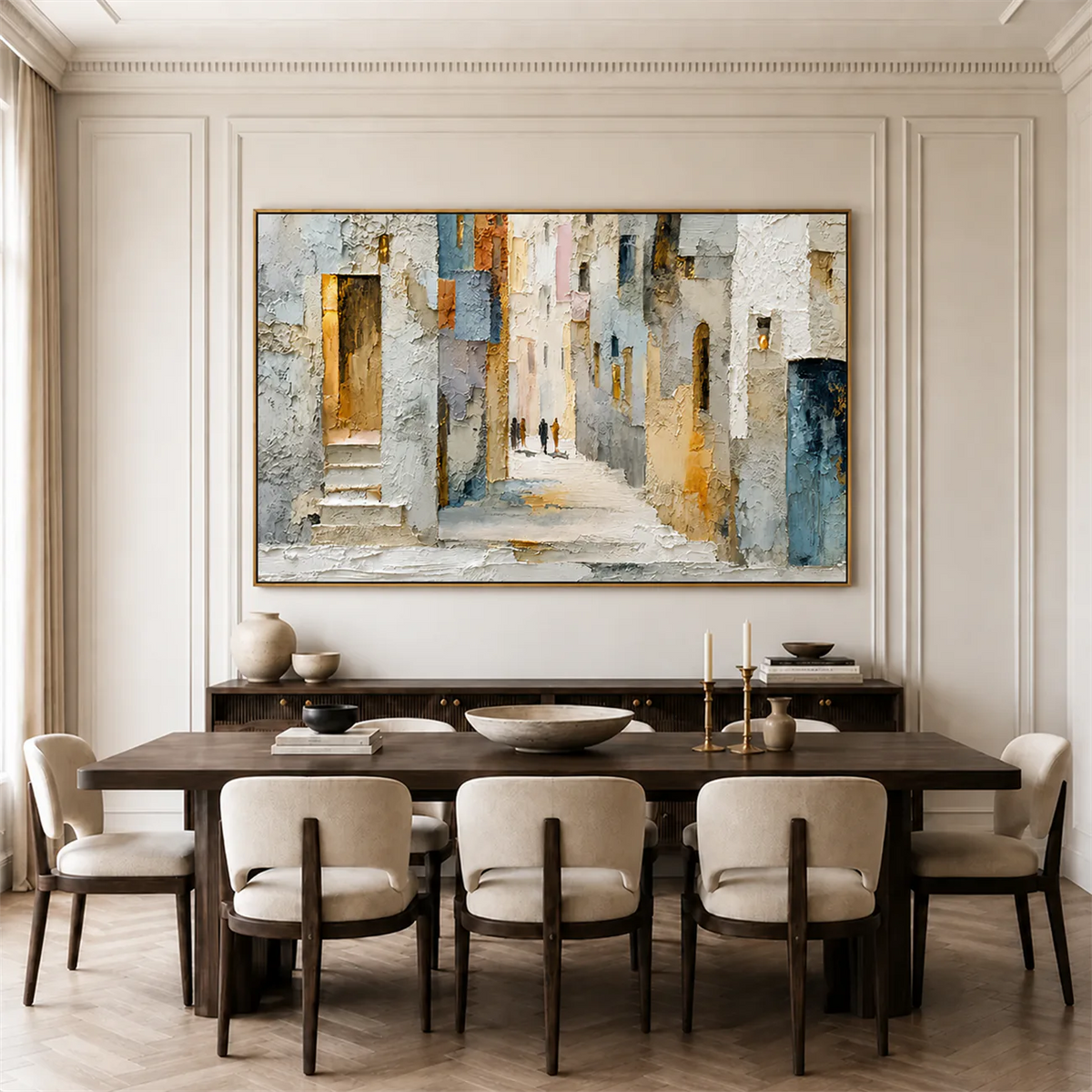 Sunlit Alley Textured Cityscape Wall Art styled interior scene 2 | Olyrel
