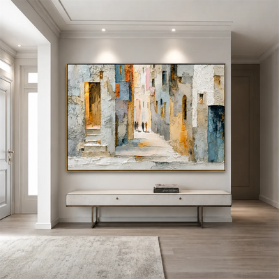 Sunlit Alley Textured Cityscape Wall Art styled interior scene 3 | Olyrel