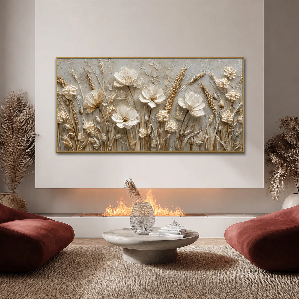 Ivory Meadow Relief Wall Art styled interior scene 4 | Olyrel