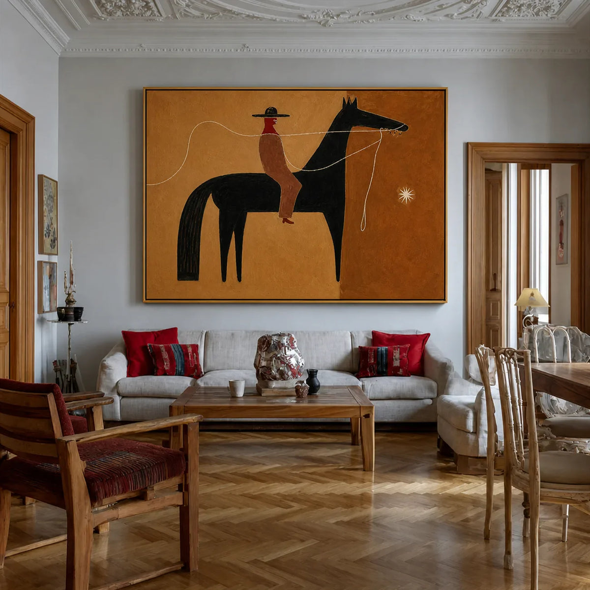 Ochre Lasso Rider Horse Wall Art styled interior scene 2 | Olyrel
