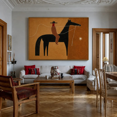 Ochre Lasso Rider Horse Wall Art styled interior scene 2 | Olyrel