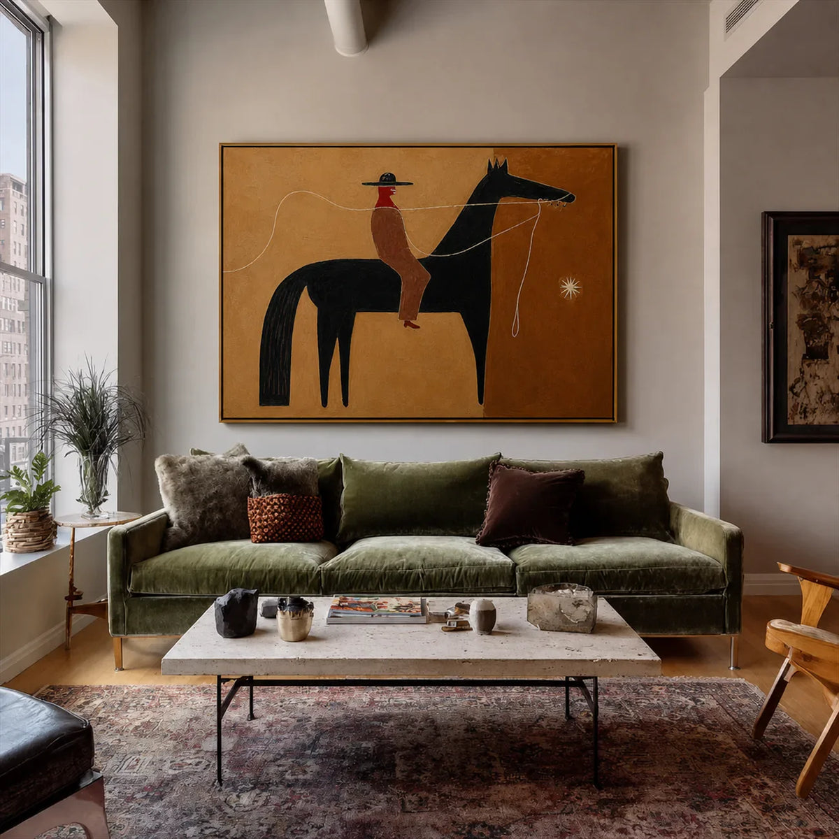Ochre Lasso Rider Horse Wall Art styled interior scene 3 | Olyrel