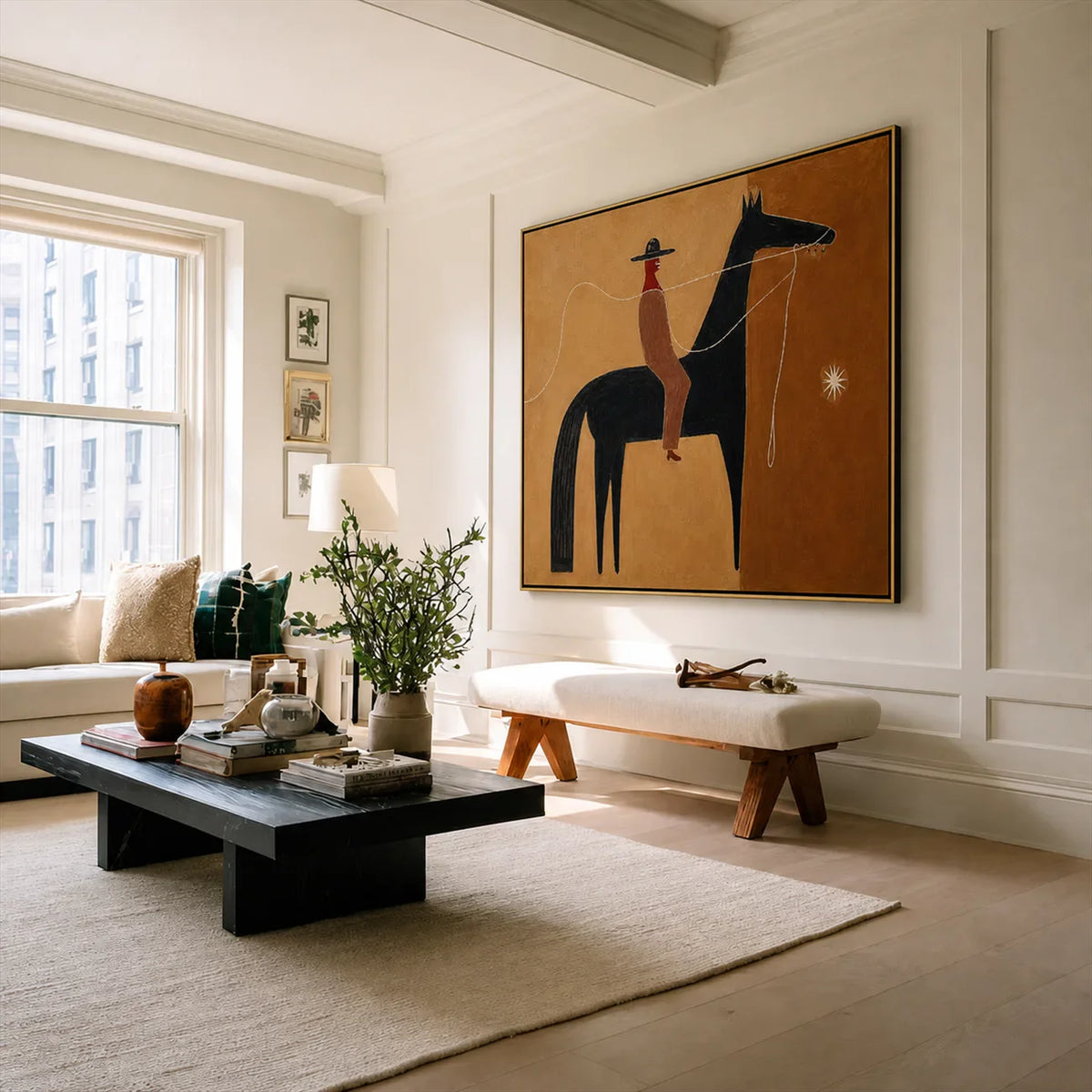 Ochre Lasso Rider Horse Wall Art styled interior scene 5 | Olyrel