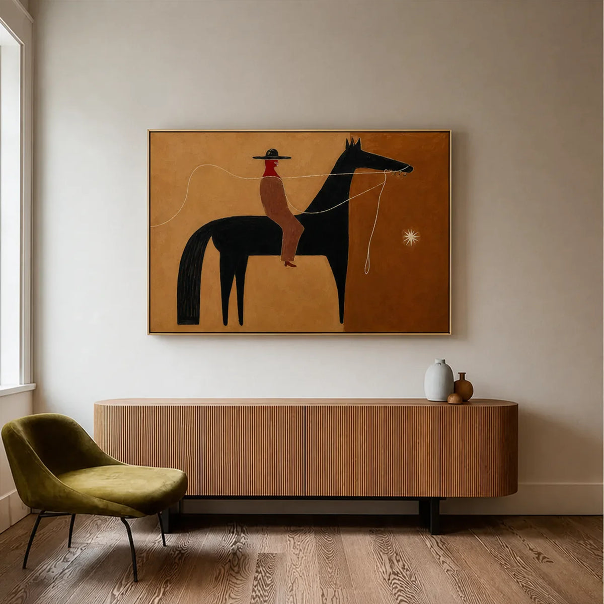 Ochre Lasso Rider Horse Wall Art styled interior scene 6 | Olyrel