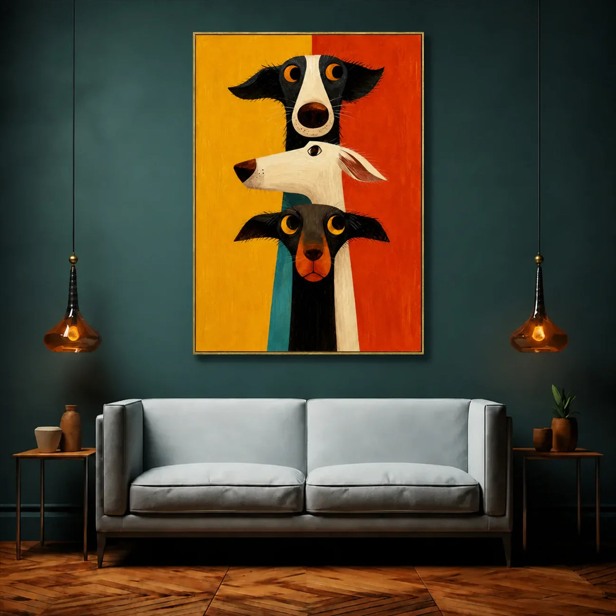 Colorblock Dog Trio Wall Art styled interior scene 4 | Olyrel