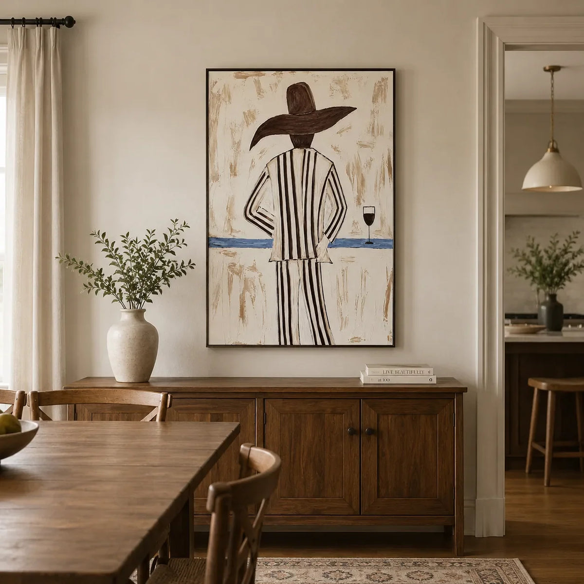 Sun Hat Figure Wall Art displayed above a sofa in a neutral interior | Olyrel