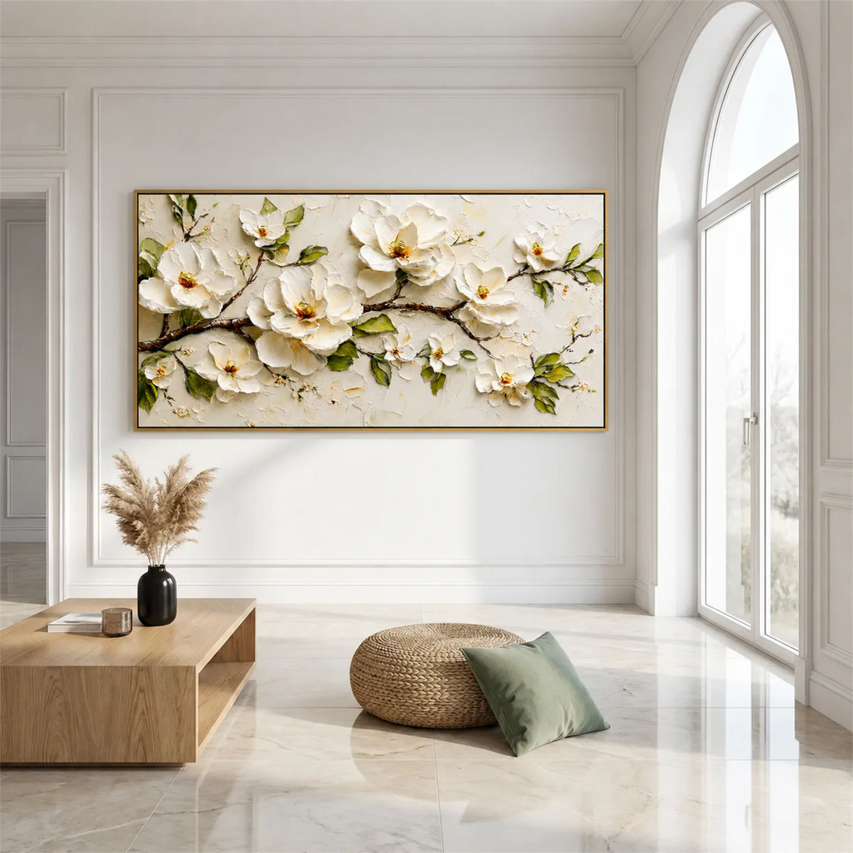 Ivory Magnolia Branch Textured Wall Art styled interior scene 1 | Olyrel