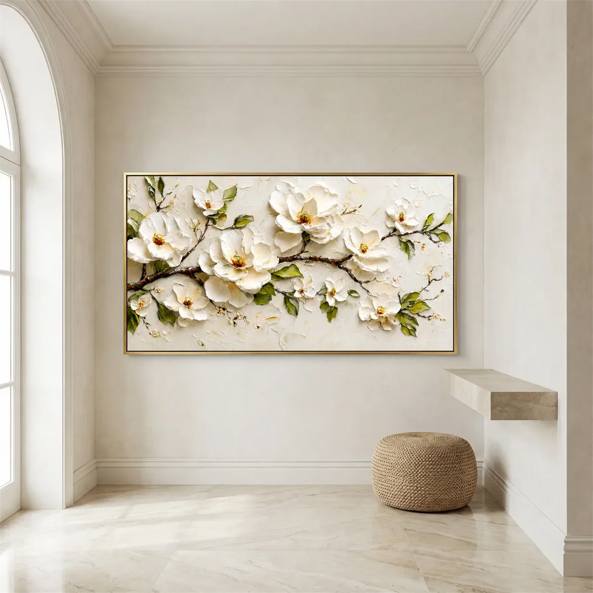 Ivory Magnolia Branch Textured Wall Art styled interior scene 2 | Olyrel