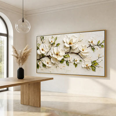 Ivory Magnolia Branch Textured Wall Art styled interior scene 4 | Olyrel