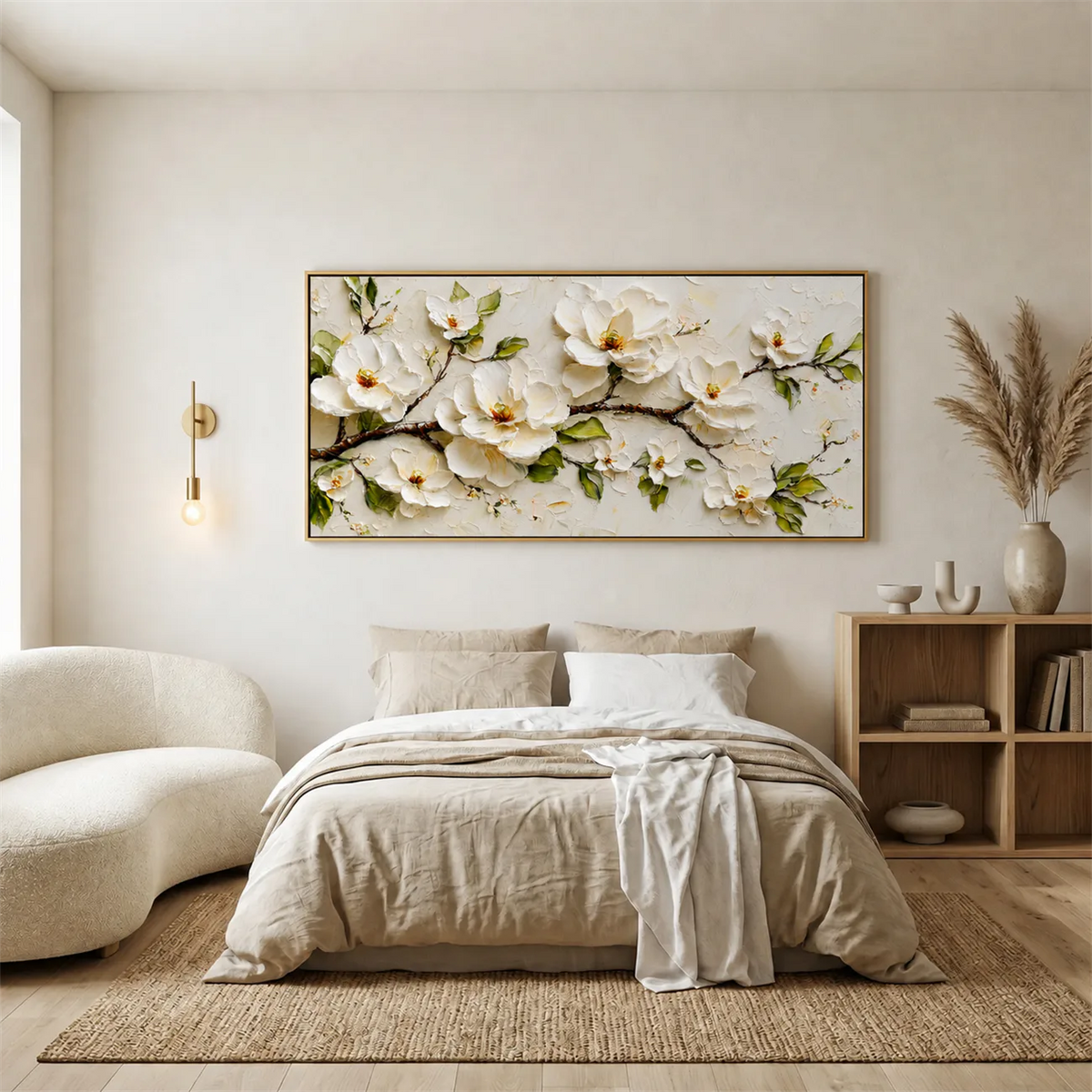 Ivory Magnolia Branch Textured Wall Art styled interior scene 5 | Olyrel