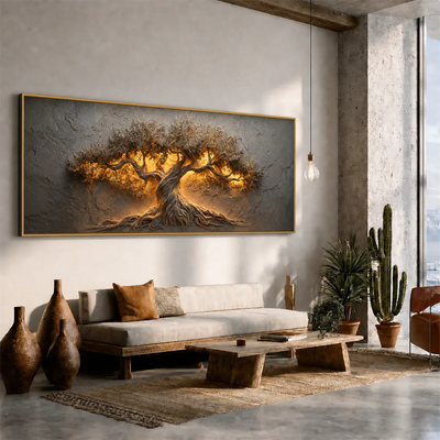 Golden Olive Tree Panoramic Wall Art styled interior scene 1 | Olyrel