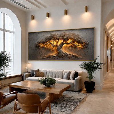 Golden Olive Tree Panoramic Wall Art styled interior scene 2 | Olyrel
