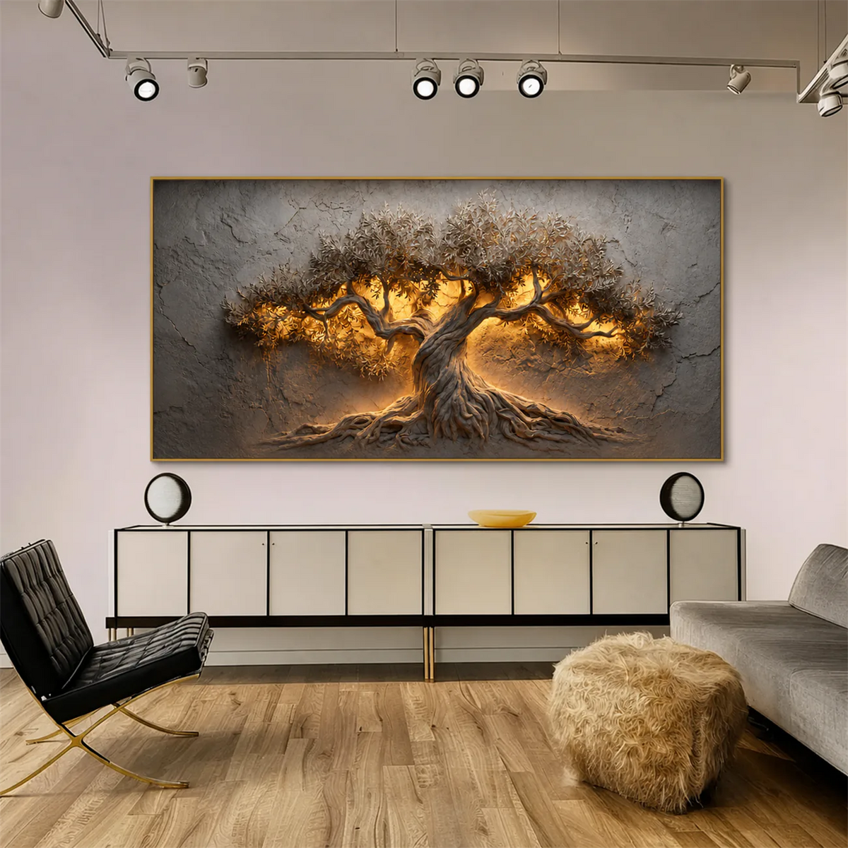 Golden Olive Tree Panoramic Wall Art styled interior scene 3 | Olyrel