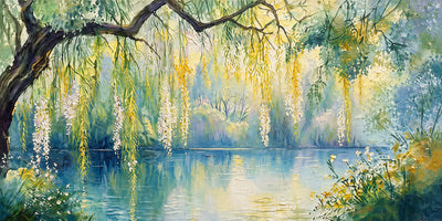 Sunlit Willow Lake Panoramic Wall Art artwork view | Olyrel