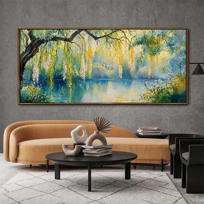 Sunlit Willow Lake Panoramic Wall Art styled interior scene 1 | Olyrel