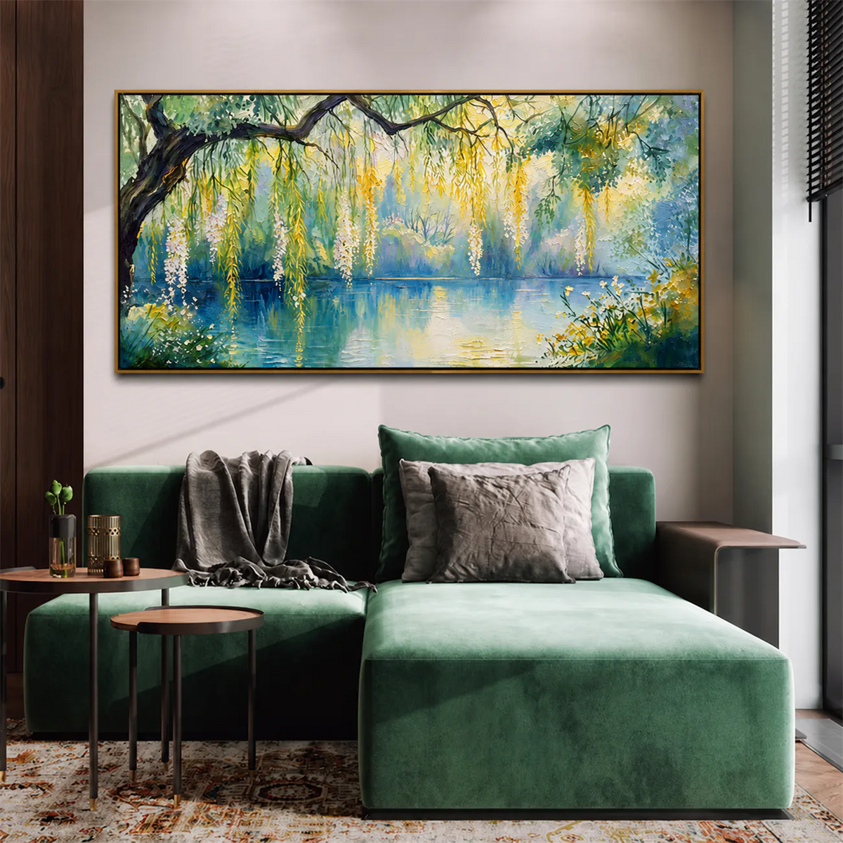 Sunlit Willow Lake Panoramic Wall Art styled interior scene 3 | Olyrel