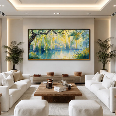 Sunlit Willow Lake Panoramic Wall Art styled interior scene 4 | Olyrel