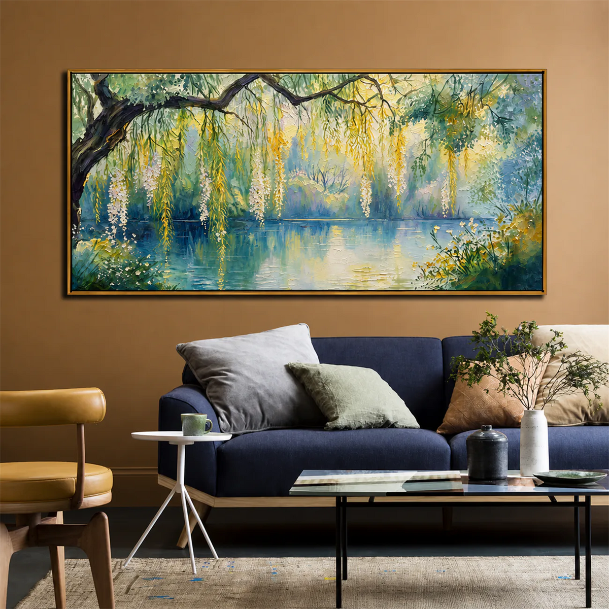 Sunlit Willow Lake Panoramic Wall Art styled interior scene 5 | Olyrel
