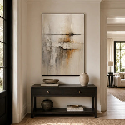 Quiet Cross Abstract Wall Art shown in a calm bedroom setting | Olyrel