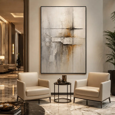Quiet Cross Abstract Wall Art displayed in a bright dining room | Olyrel