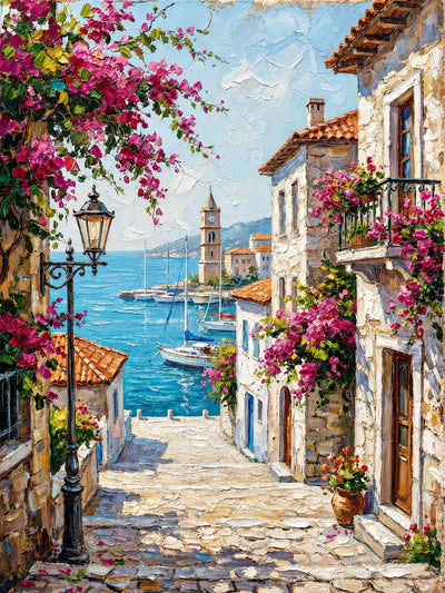 Bougainvillea Harbor Cityscape Wall Art artwork view | Olyrel